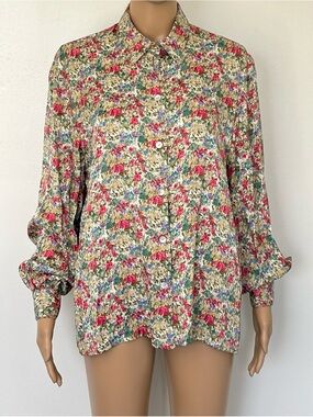 BURBERRY Silk Floral Blouse - Green Blue Pink w Mother-of-Pearl Buttons - Medium